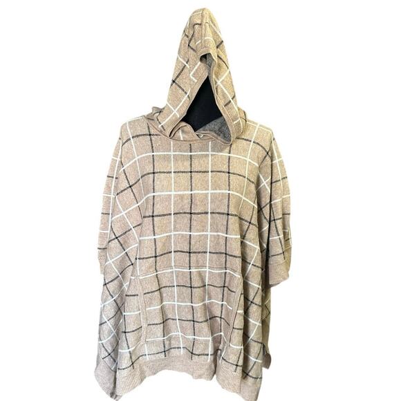 Tahari Tan Hooded Poncho Black & White Plaid Pattern Size OS - Picture 1 of 6
